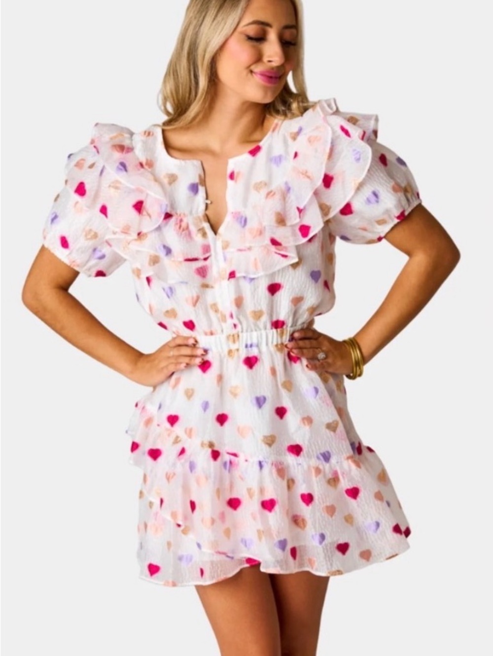 Buddy Love - Norma Ruffle A-line White Heart-Print Ruffle Dress